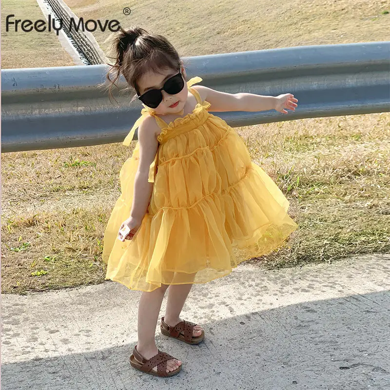 

Freely Move Toddler Baby Kids Girls Party Dress 2022 Summer Sleeveless Bowknot Tutu Dress Layered Tulle Princess Birthday Dress