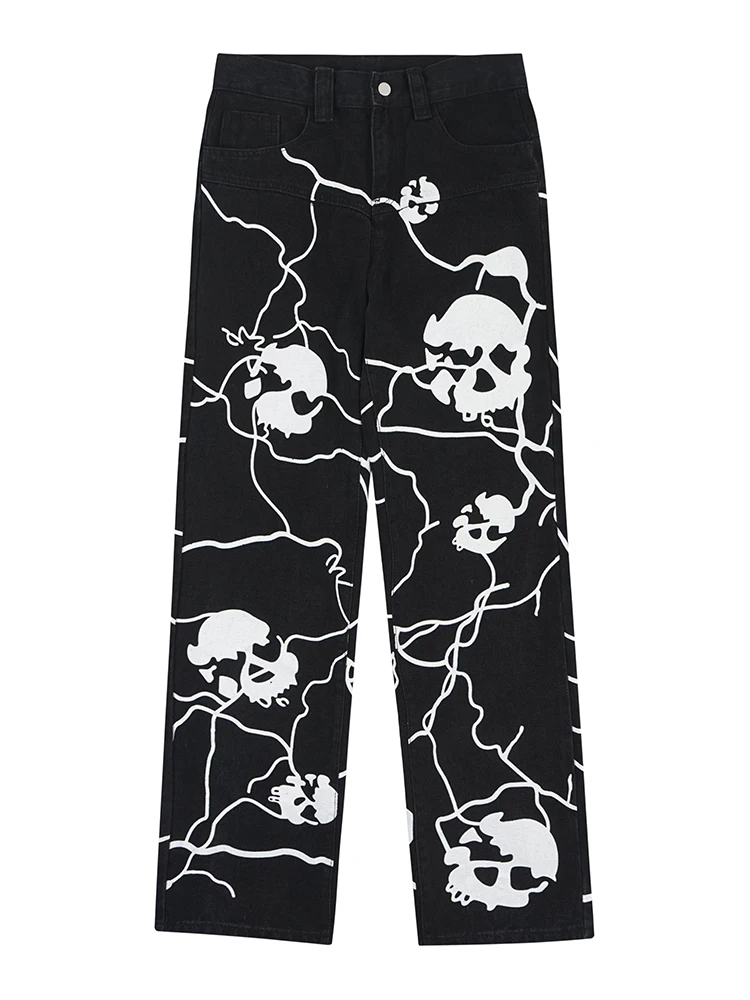 Black Loose Wide Leg Wash Print Jeans Lightning Print Personality Versatile Hiphop Casual High Street Straight Mop Menswear