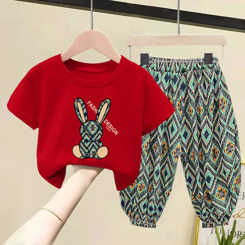

Children's Suit Summer Clothes New Girls Cotton Short Sleeve T-shirt + Trousers Two Piece Suit Girls Clothes Kids Clothes