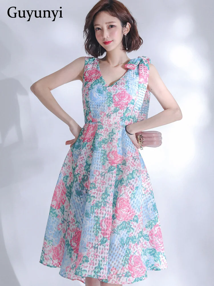 

Elegant Party Dress 2022 Summer Simple Sleeveless V-Neck Tank Bow Fashion Print High Waist A-Line Temperament Vintage Dress