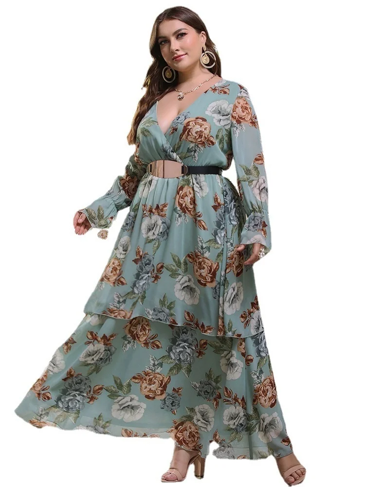 Plus Size Women's Dress Fashion Waist Long Sleeve V-Neck Print Dress Casual Loose Elegant Dress Large Size Women