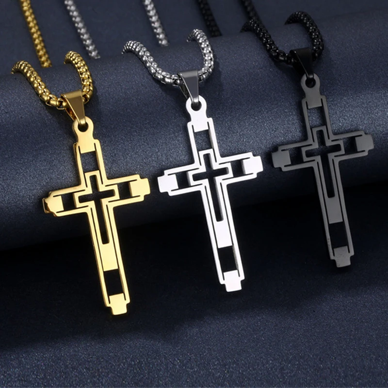 Ожерелье из нержавеющей стали для женщин, цепочка золотого, черного и серебряного цвета, ожерелье с крестом, религиозные украшения с вырезами