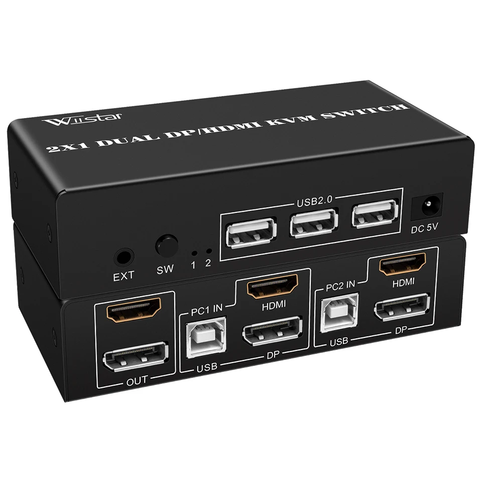 Wiistar HDMI DP KVM переключатель 4K @ 60 Гц двойной монитор расширенный переключатель 2 в 2 выхода с 3 портами USB2.0 для 2 компьютеров 2 монитора