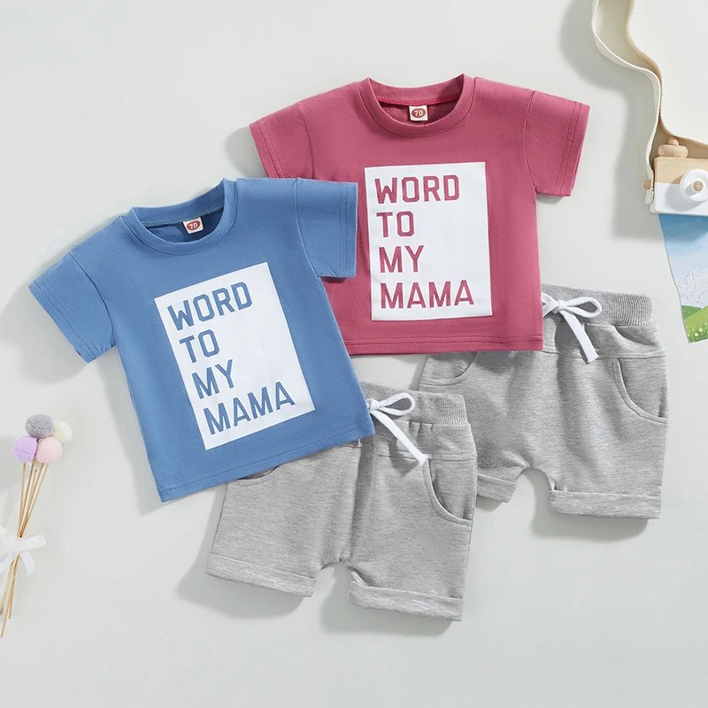 

Комплект одежды Lioraitiin для мальчиков и девочек 0-3 лет, 2 предмета, топы с надписью «Word To My Mama» и шорты с закатанными манжетами, 2 цвета, 2023-03-07