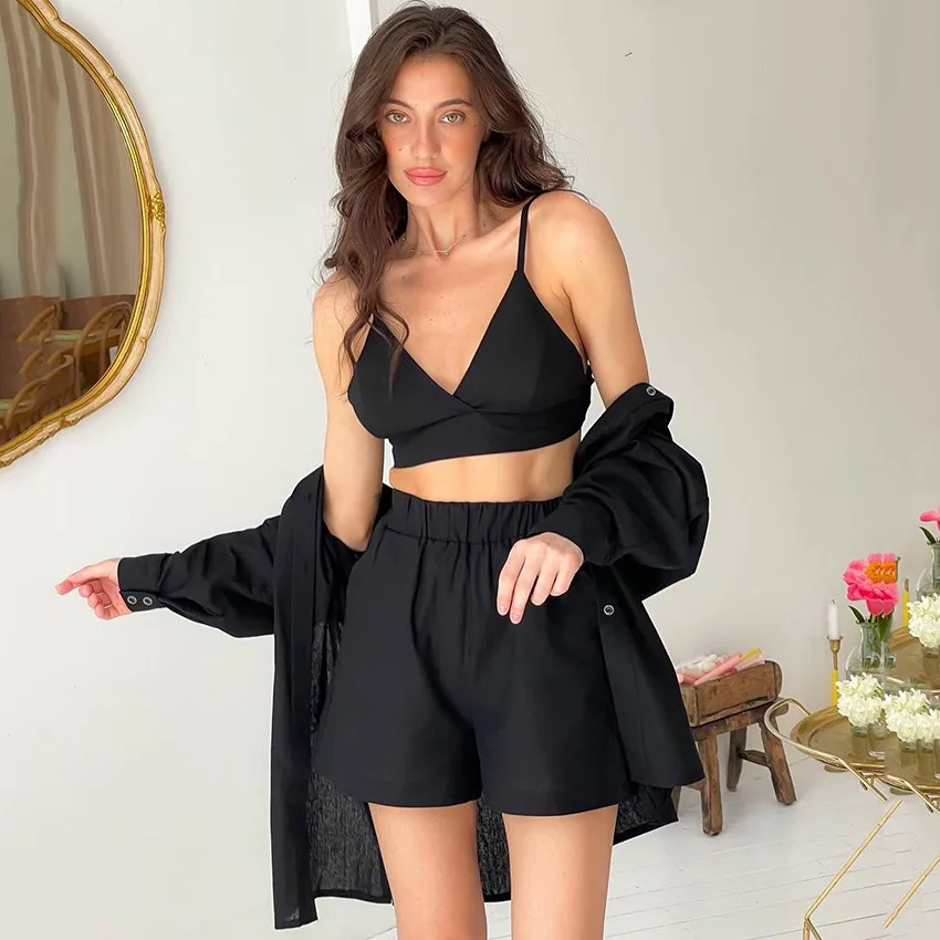 

Home Wear Cotton Woman 3 Pieces Shorts Set And Corset Top With Long Shirt Home Summer Suit Thin Loungewear Female 3 Pieces Set