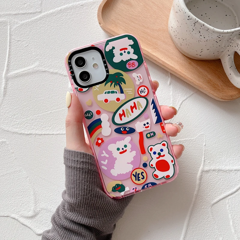 

Cute Cartoon Animal Candy Strawberry Bear Sticker Phone Case For iPhone 11 12 13 Pro Max X Xr Xs Max 7 8 Puls SE 2 Soft Cover
