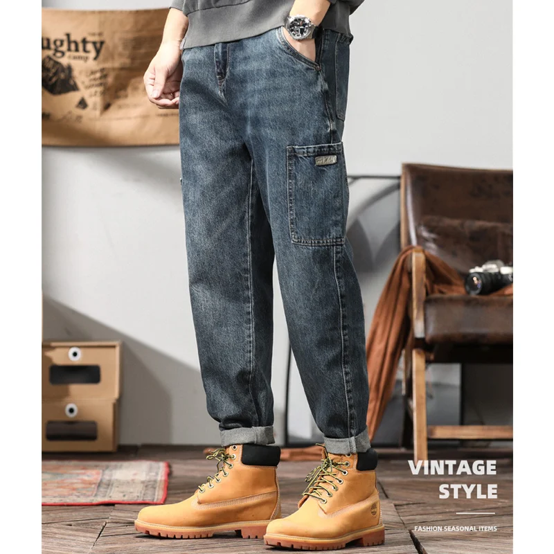 Men Clothing New Pattern Recreational Vintage Nostalgia Bluish Grey Jeans Straight Cylinder Loose Street Trousers Autumn Female