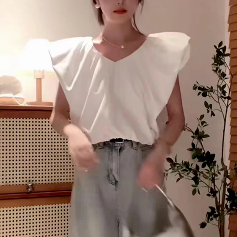 

Short Folds Flying Sleeve Shirt Women Summer New Korean Fashion V-neck Slim Fit Blouse Solid Color Chiffon Tops Clothes 27584