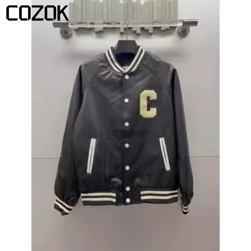 

Autumn PU Leather Baseball Jacket Men Women High Street Letter Embroidery Black Varsity Jackets Bomber College Coats Unisex