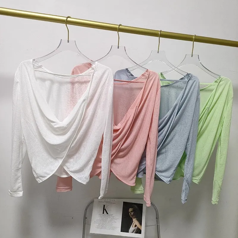 

Женская футболка для йоги, дышащая спортивная одежда, топы с длинным рукавом для бега, свободные быстросохнущие рубашки для йоги, топ, спортивная одежда с красивой спинкой