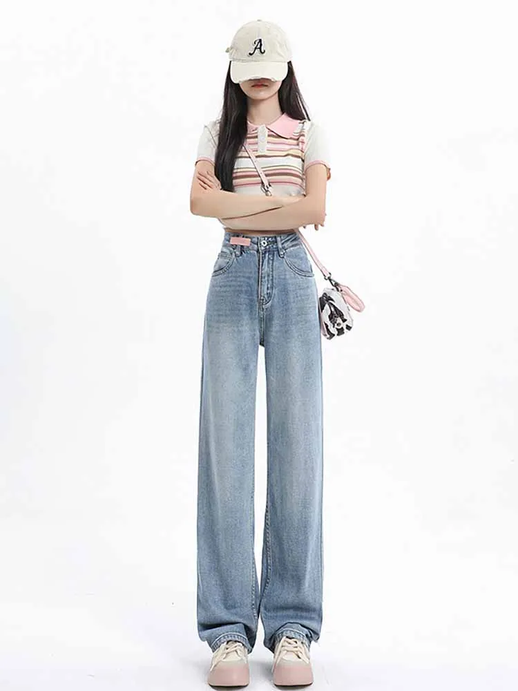 Fashion Light Blue Classic Jeans Women 2023 Summer Casual One-button Jeans for Women's Loose Drape Wide-leg Mopping Pants