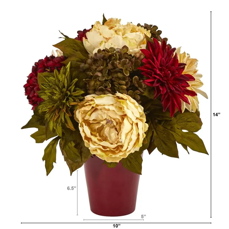 

Elegant Burgundy Vase with 14 Artificial Peony, Hydrangea and Dahlia Flower Arrangement