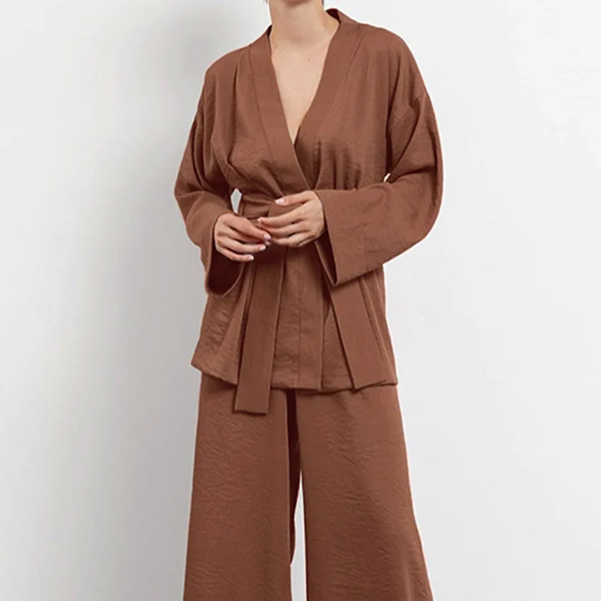 Long Sleeved Pajamas Set Cardigan Nightgown Robe Trousers Two Piece Set Loose Fashion Woman Leisure Wear New
