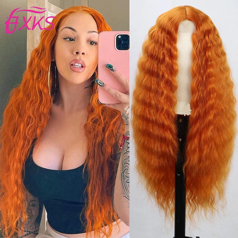 Orange Long Wavy Synthetic Hair Lace Wig Black Blonde Heat Resistant Fiber Synthetic Hair Wigs For Women Daily Use 26Inch FXKS