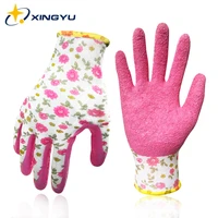 work gloves printed polyester pink latex crinkle coating working safety gloves for women gardening mechanic construction rubber