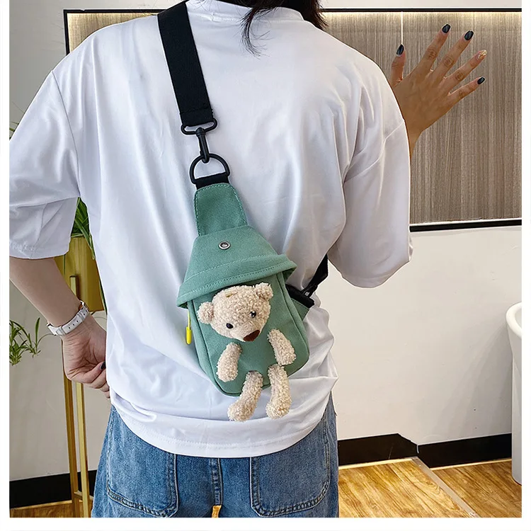 Kawaii Bear Canvas Chest Bag Fun Design Korean Style Men Women Shoulder Bag Cute Cartoon Plush Doll Mini Crossbody Bag Kids Gift