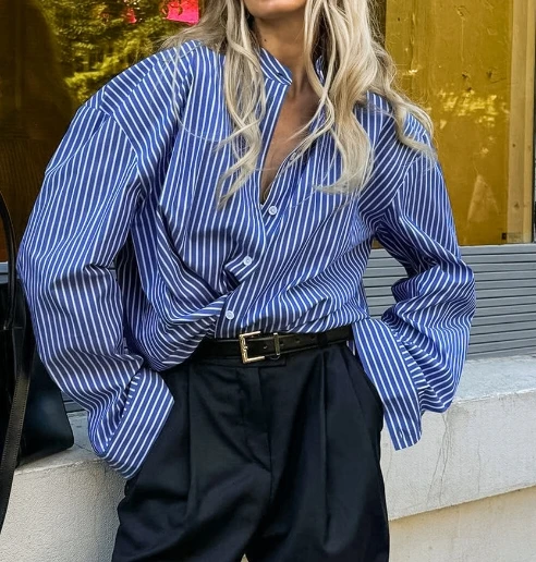 Уличный стиль женская мода синий и белый полосатый свободный кардиган рубашка