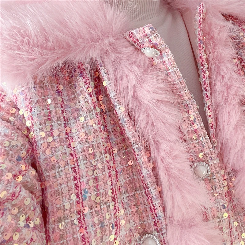 Autumn Winter Jacket Women 2022 Small Fragrance Spliced Sequins Beading Belt Thicken Mid Long Faux Fur Coat Famale Clothing Tops