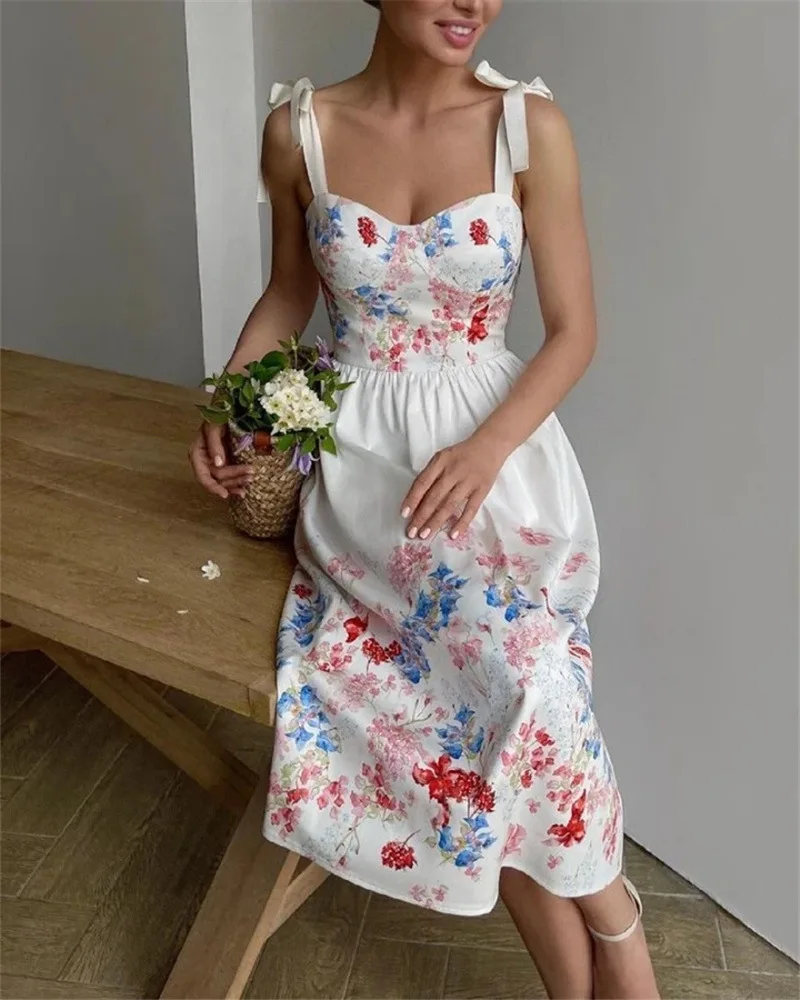 

Женское белое платье-миди без рукавов, пикантное платье на бретелях-спагетти с высокой талией и завязками, с разрезом, лето 2022, эластичная од...