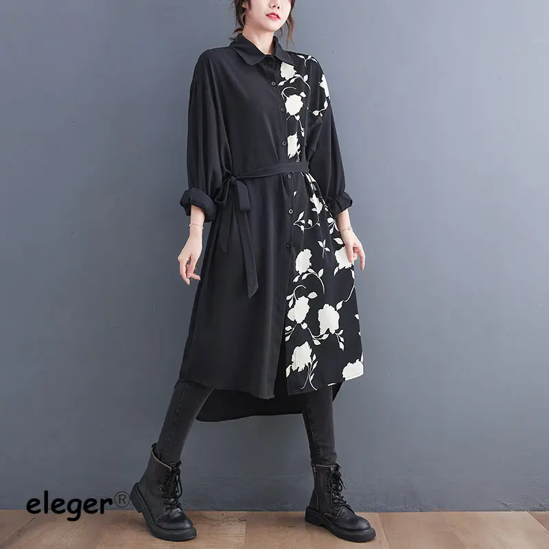 

Spring Summer Women Fashion Plus-Size Loose Waist Floral Turn Down Collar Casual Shirt Dress Single Breasted Elegant Clothing