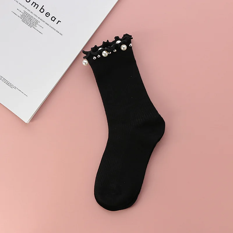 Autumn and Winter Socks New Japanese Ear Edge Beaded Socks Women's Solid Medium Socks Casual Pearl Vintage Fashion Cute Socks