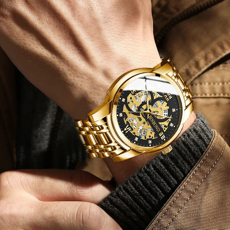 

BINBONG New Men Quartz Watch Mens Watches Luxury Gold Strap Fashion Hollow Dial Luminous Waterproof Clock Relogio Masculino