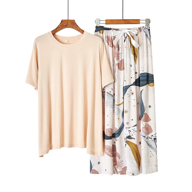 Leisure Japanese Style Summer Ladies Modal Cotton Pajamas Suit Simple Floral Pajamas Home Service Suit Women Two Piece Set