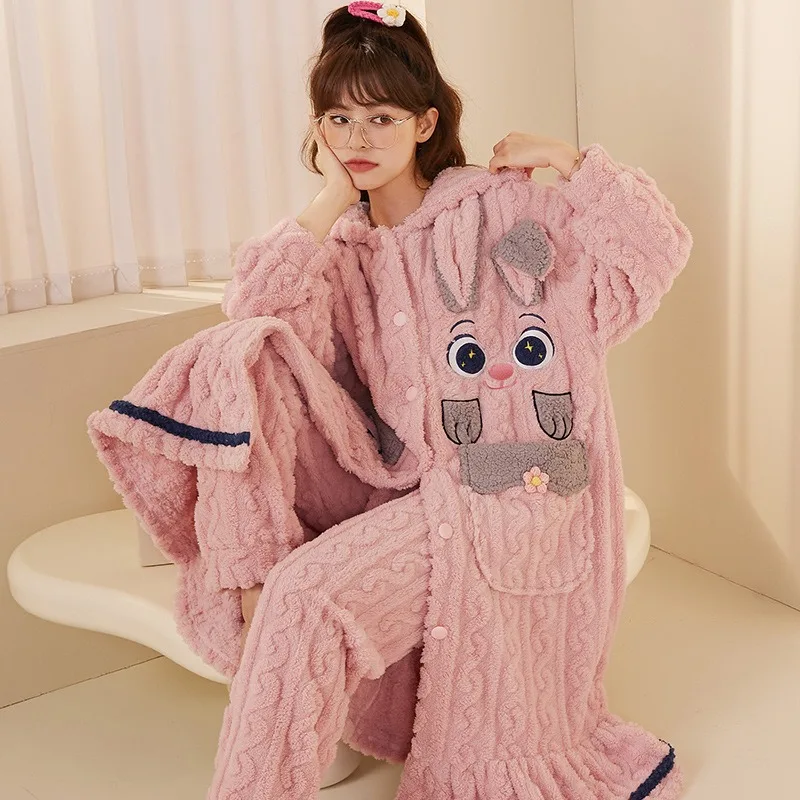 Милая флисовая ночная рубашка с кроликом из мультфильма кораллового цвета