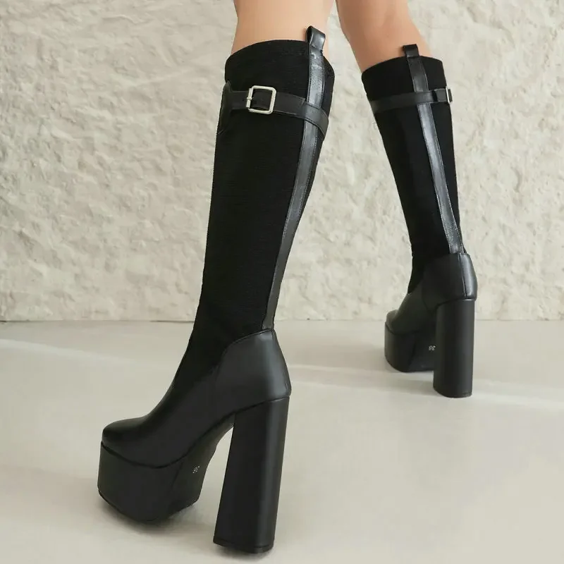 

Женские зимние ботинки до середины икры, акриловые эластичные Туфли-носки, ботинки на высоком каблуке на платформе, эластичные ботинки до середины икры