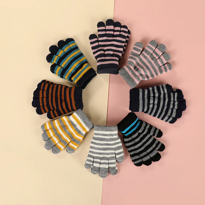 

Cute Striped Kids Gloves Winter Warm Boys Girls Knitted Mittens Soft Children Full Finger Gloves Handschoenen