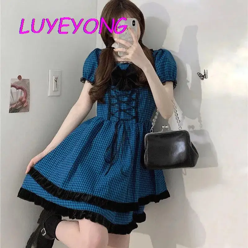 

Korean Fashion Clothes Women Lace-up Bow Puff Short Sleeve High Waist Lace Dresses Blue Plaid Girl Lolita Mini Dress Summer