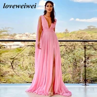 loveweiwei pink chiffon long evening dress sexy deep v neck side slit formal prom party dresses sleeveless pleated floor length