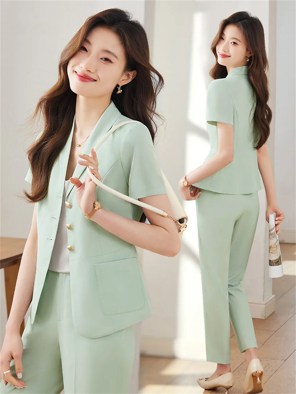 Костюм с коротким рукавом женское летнее профессиональное деловое платье талией