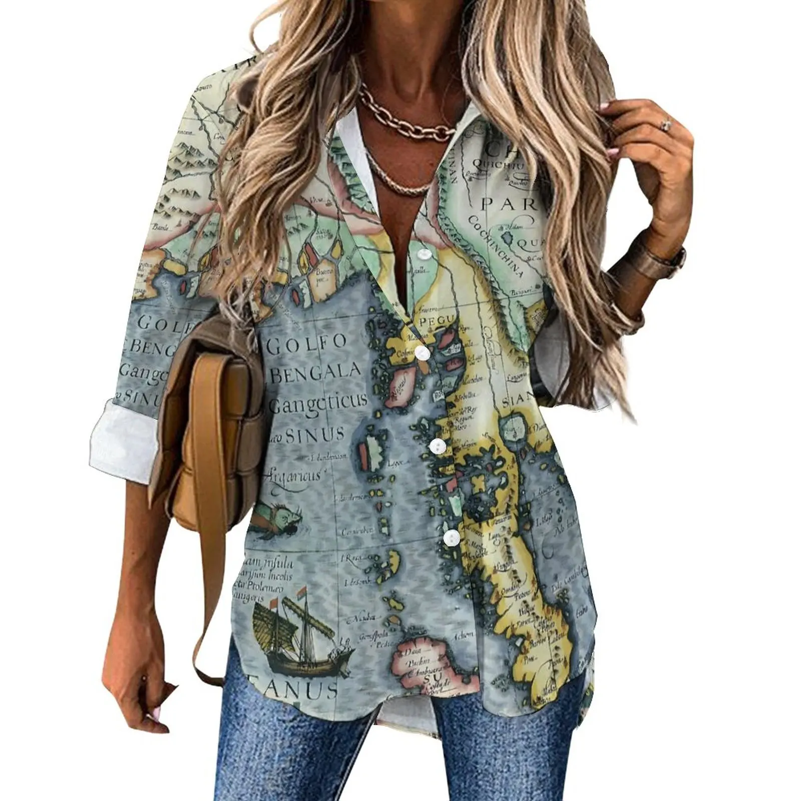 

Asian Map Blouse Vintage Print Vintage Printed Casual Blouses Female Classic Shirt Spring Long-Sleeve Oversized Clothes