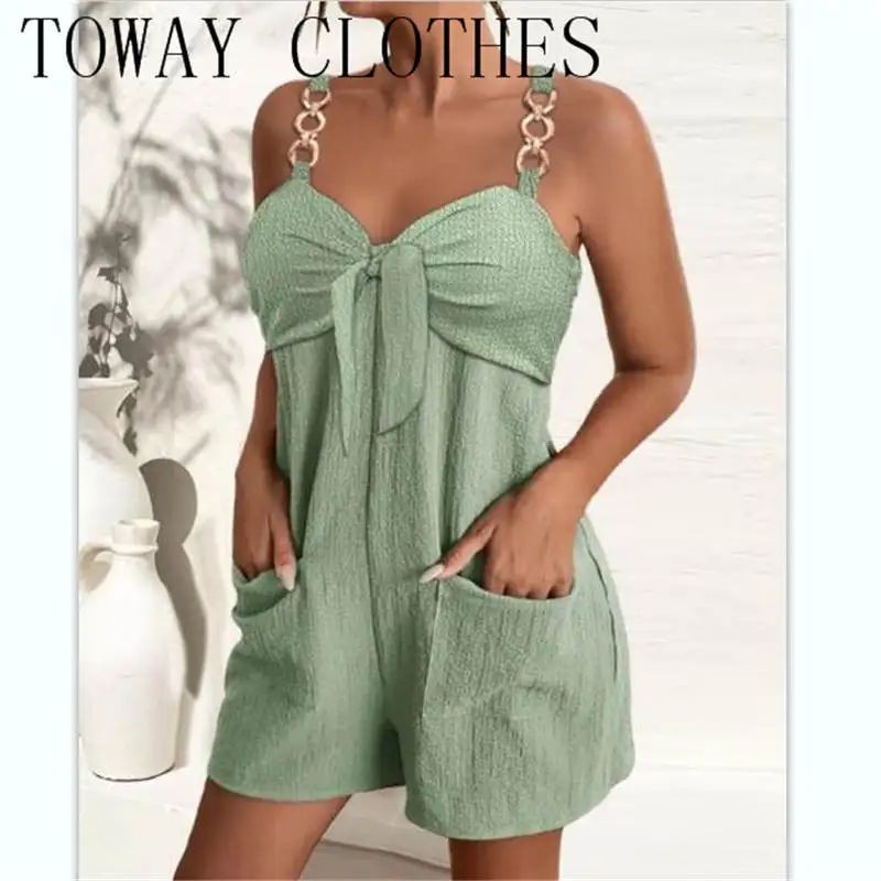 

Женский Летний комбинезон с завязками, повседневный однотонный комбинезон с коротким рукавом и круглым вырезом, модель 2023 года