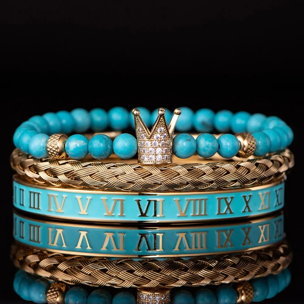 

Punk Hot Selling Smooth Crown Men's Bracelet Set High-end Cyan-blue Beaded Metal Chain Roman Digital Twists Bracelet Set