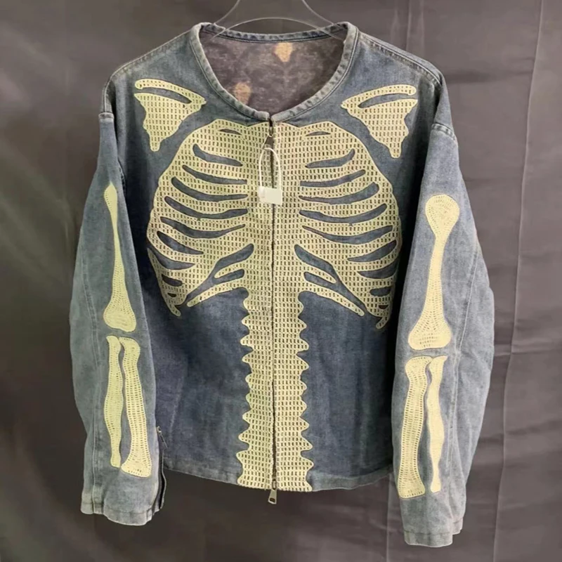 Новое винтажное джинсовое пальто KAPITAL 24FW уличная куртка с вышитым черепом и