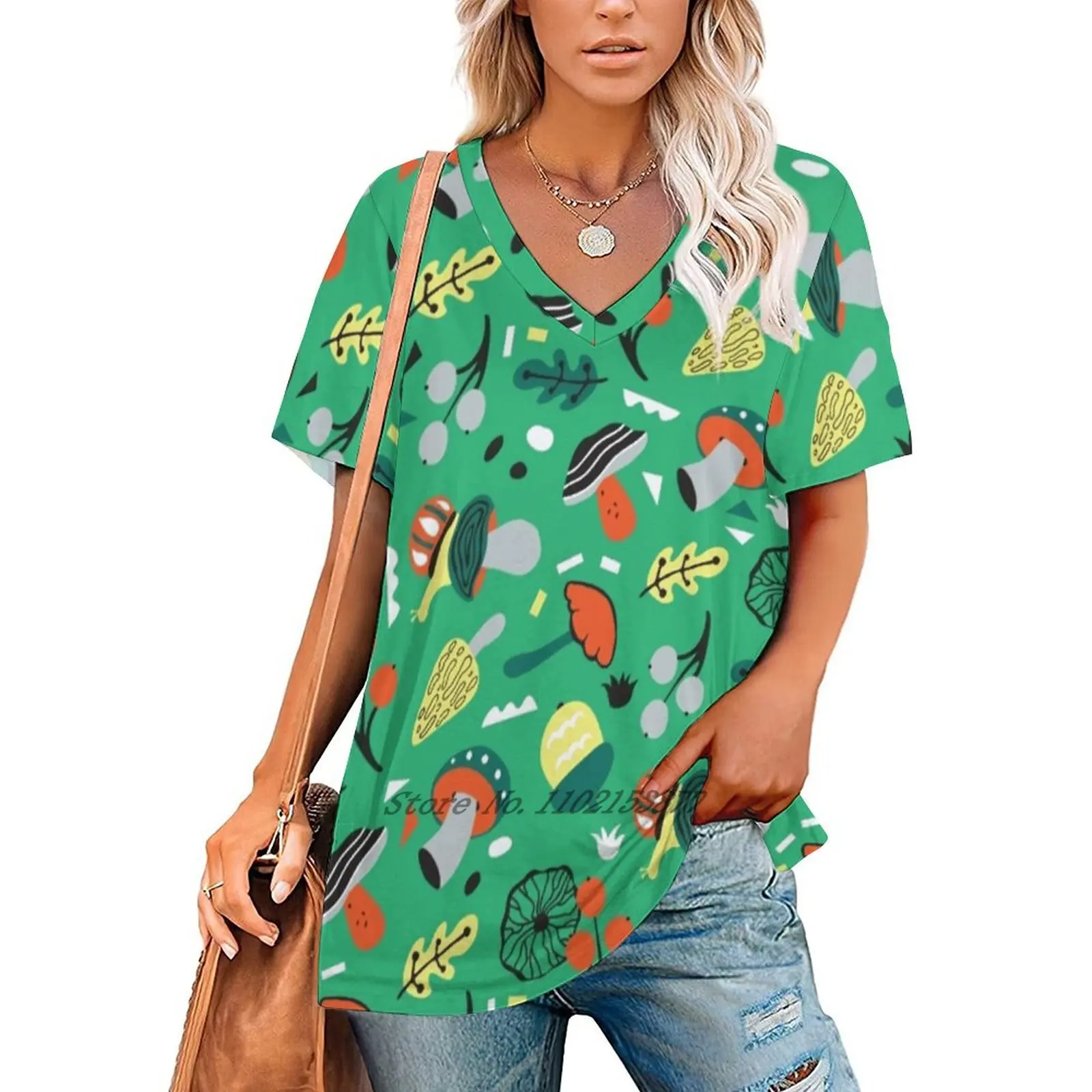 Abstract Mushroom Women's T-Shirt Casual Short Sleeved Tops V-Neck Zipper Tee Ladies Loose T Shirts Forest |