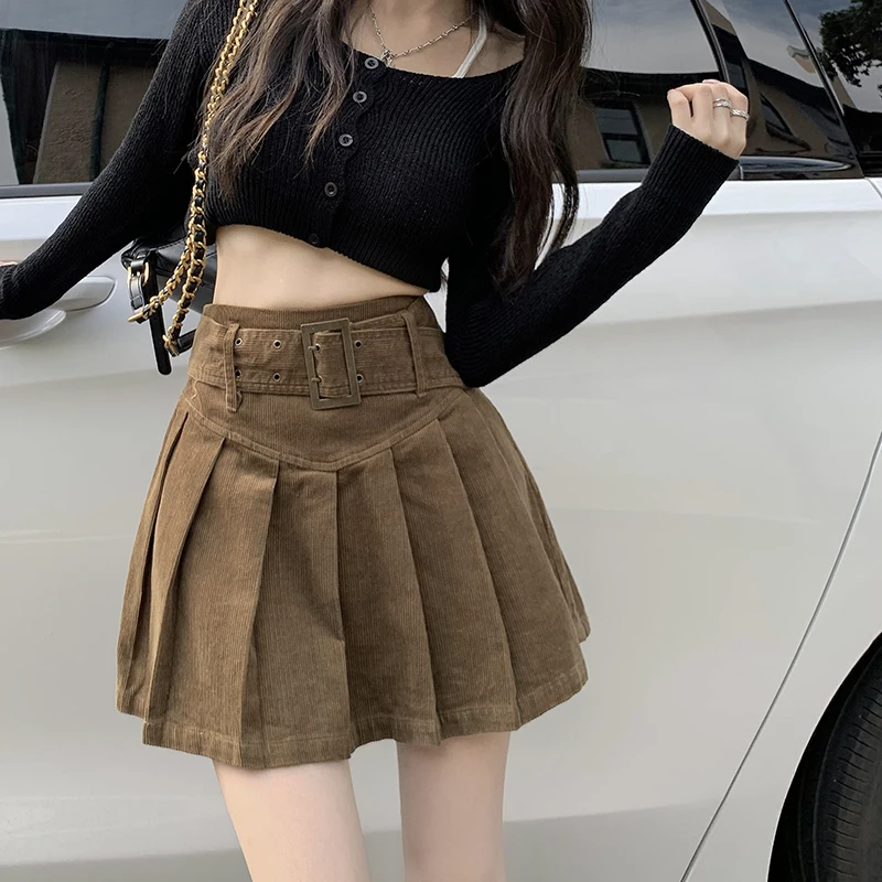 

Retro Corduroy Pleated Skirt Women's Spring and Autumn New American Preppy Style High Waist Slim All-match A-line Skirt Female