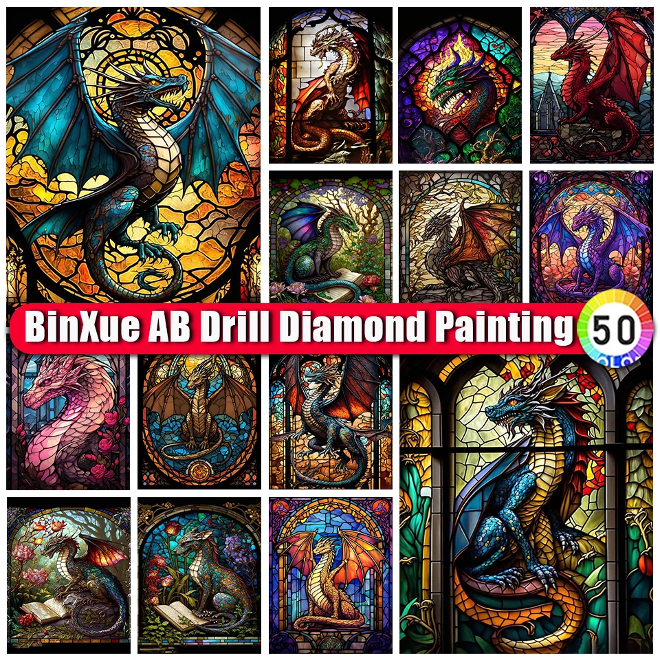 

BinXue Colorful Dragon Glass Painting AB Diamond Painting Dinosaur Wings Cross Stitch Book Flower Handmade DIY Mosaic Art Gift