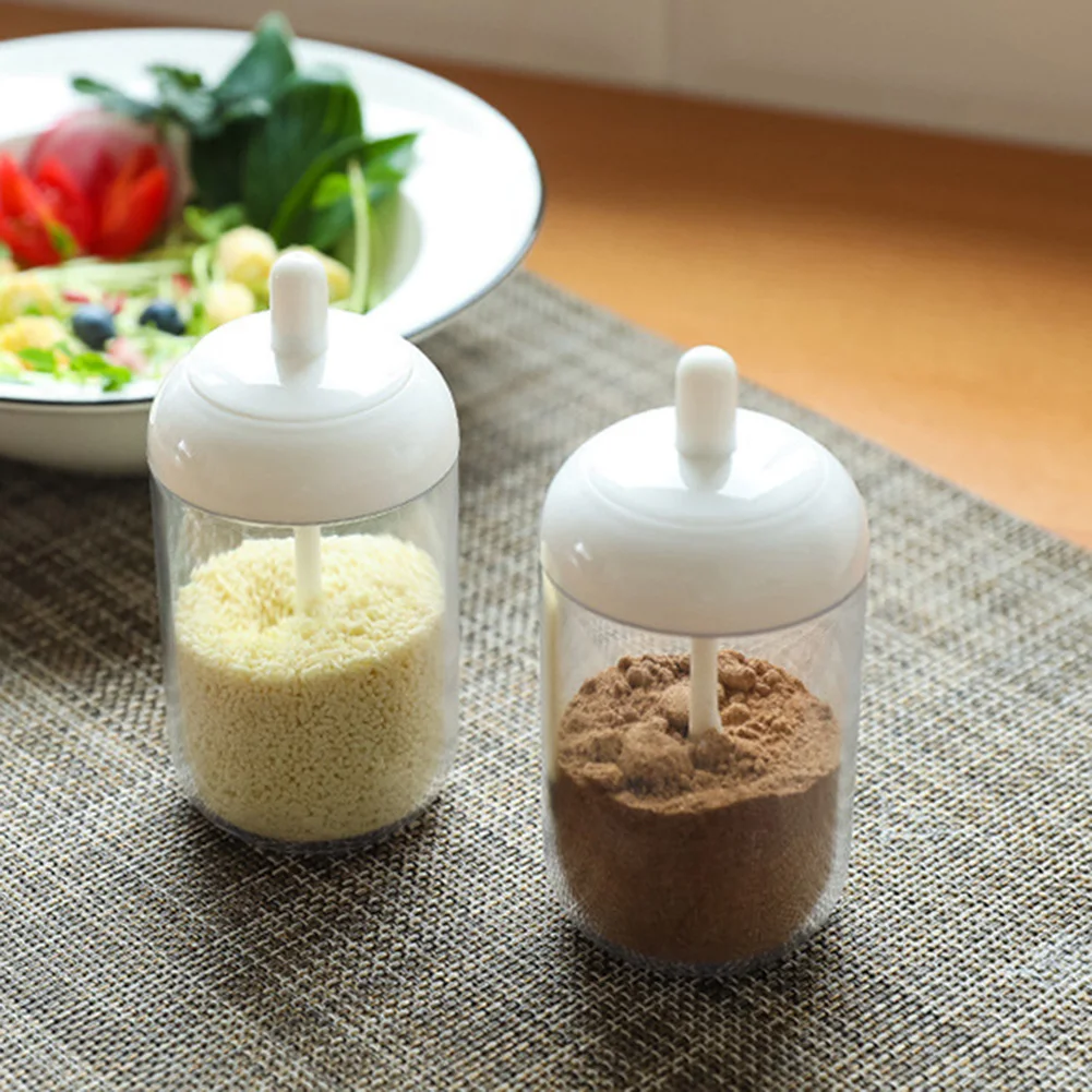 

2 in 1Seasoning Bottle Salt Storage Box Plastic Spice Jar for Salt Sugar Pepper Powder with Spoon Transparent Kitchen Supplies