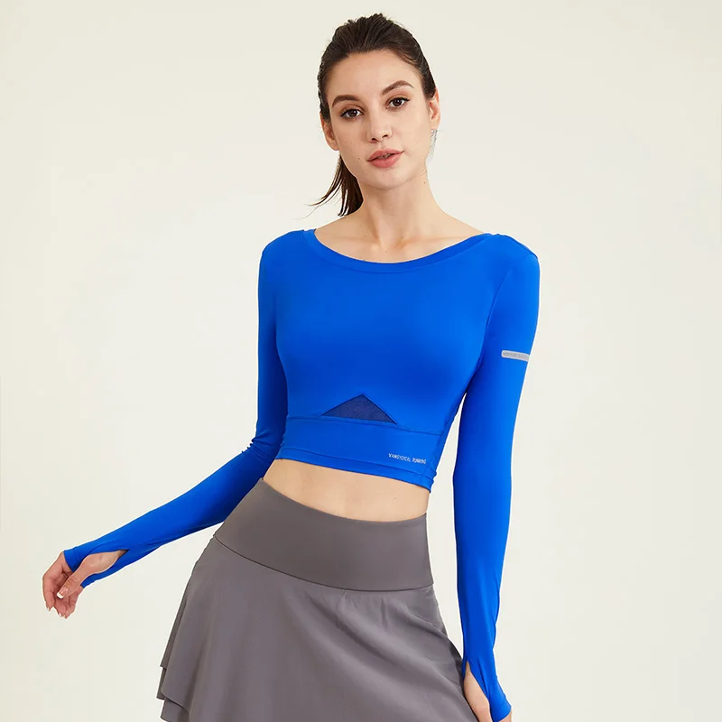 Women Slim Yoga Shirt Mesh Paneled Breathable Back Crop Top Running Long Sleeve Blouse Workout Gym T-Shirt With Thumb Holes