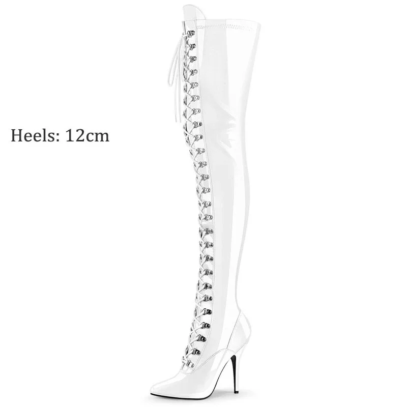 

Sexy Women Thigh High Boots 12cm Stiletto High Heeled Over The Knee High Boots Side Zipper Pole Dance Patent Leather Lace UP