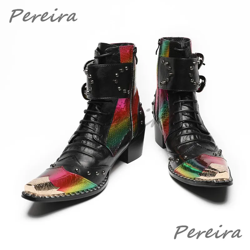 Красочные мужские ботинки из лакированной кожи с двойной пряжкой и заклепками в