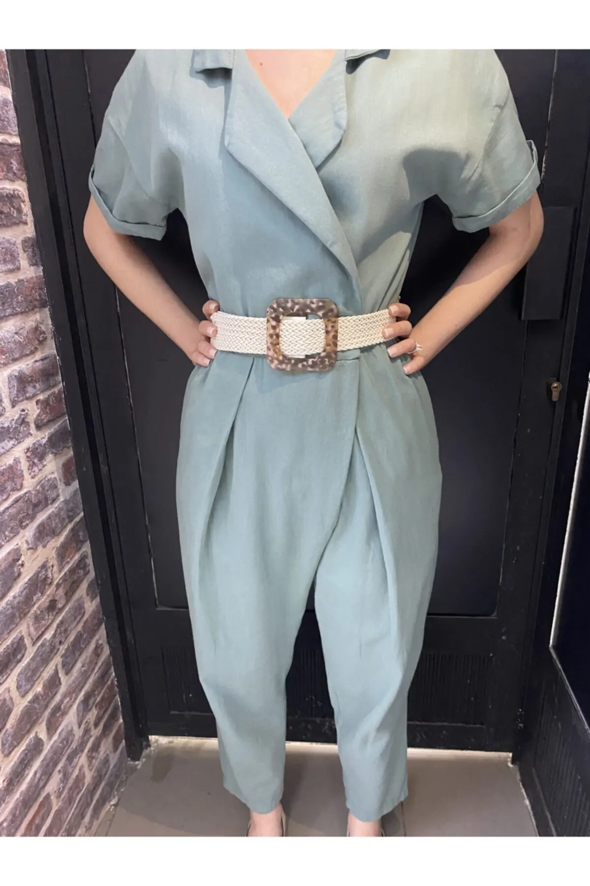 

Women's Overalls Mint Green Belted Jumpsuit Hot Style Quality Fabric Sleeveless Baggy Trousers Casual Jumpsuit