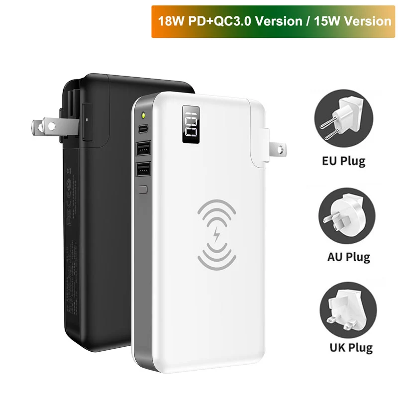 

Power Bank 10000mAh With 20W PD Fast Charging Powerbank 3 In 1 Wall Charger With Cables US EU Plug For iPhone Huawei Phone