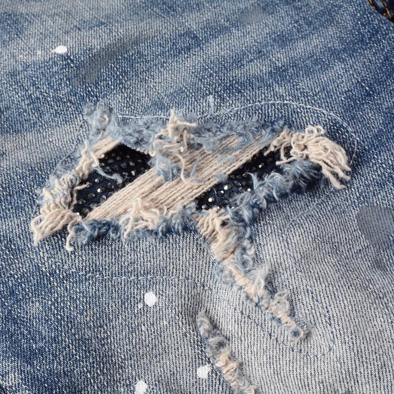 Streetwear Fashion Men Jeans Retro Blue Stretch Slim Fit Painted Hole Ripped Jeans Men Patch Designer Hip Hop Brand Pants Hombre