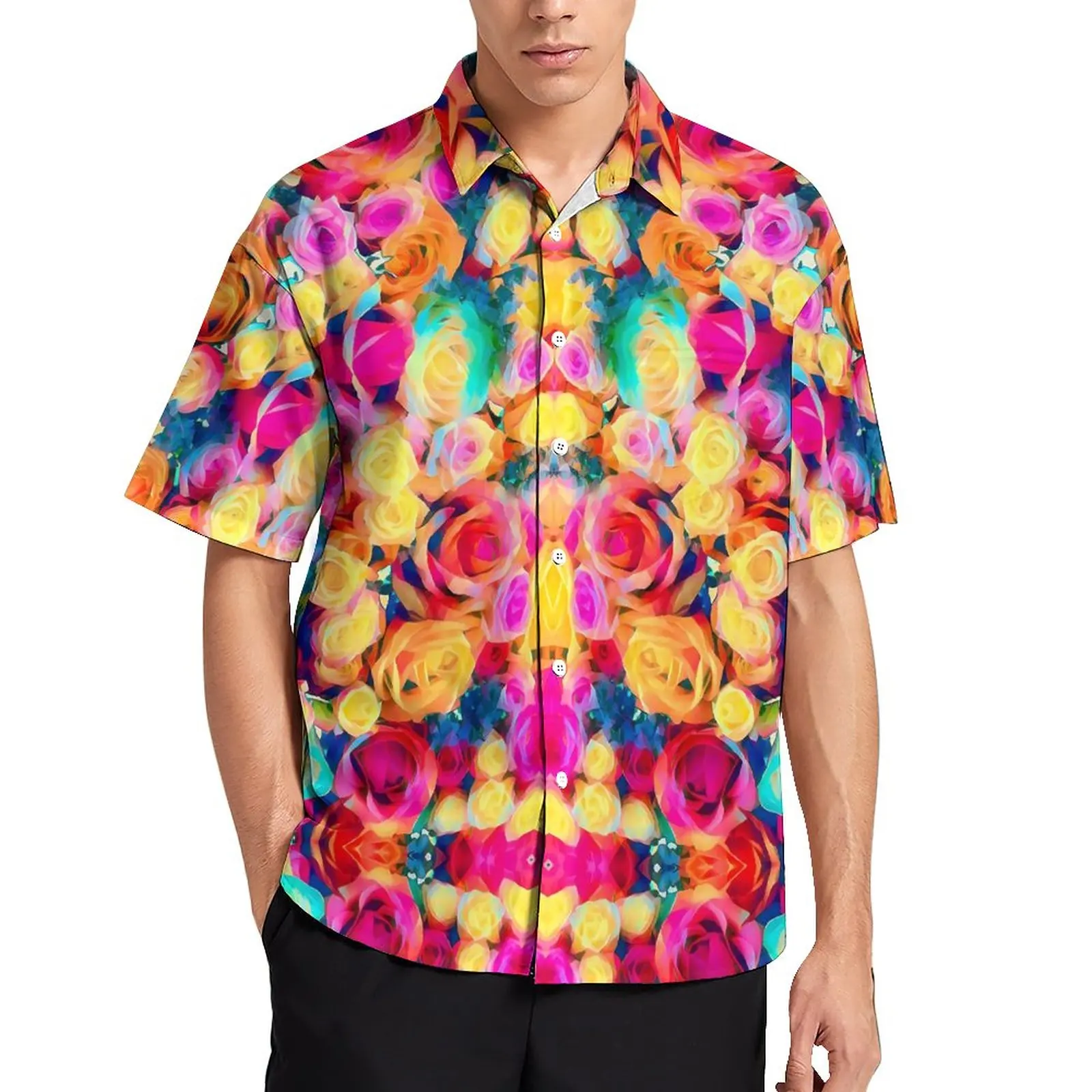 

Colorful Rose Casual Shirts Bouquet Print Vacation Shirt Summer Y2K Blouses Mens Print Plus Size