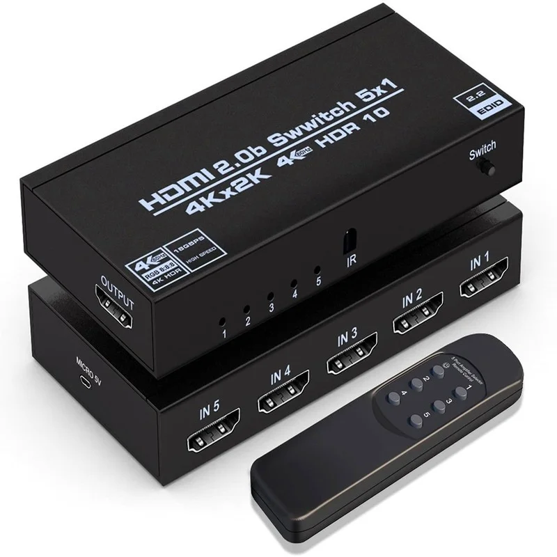 

4K 60Hz HDMI-compatible Switcher 4K HDR 5X1 Switch 2.0 Switcher HDMI-compatible with Remote Control for PS4 DVD HDTV