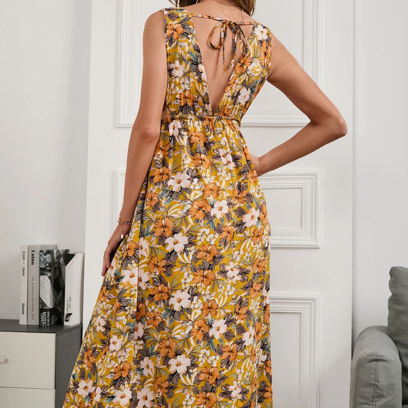 Платье женское с открытой спиной V-образным вырезом и цветочным принтом |